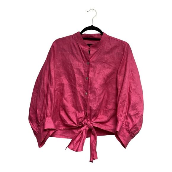 Fifteen Twenty Bubble Gum Pink 100% Linen Button Front Tie Shirt Size M - Picture 1 of 4